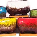 ARTKETTY Succulent Pots - 4.7 Inch Ceramic Succulent Planters Pots with Drainage Set of 5, Rectangular Bonsai Pots with Bamboo Trays Small Pots for Indoor Cactus Flower Plants for Home Office Decor