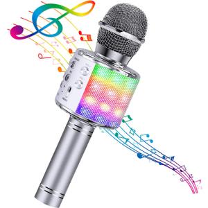BlueFire 4 in 1 Karaoke Wireless Microphone with LED Lights, Portable Microphone for Kids, Great Gifts Toys for Kids, Girls, Boys and Adults (Silver)