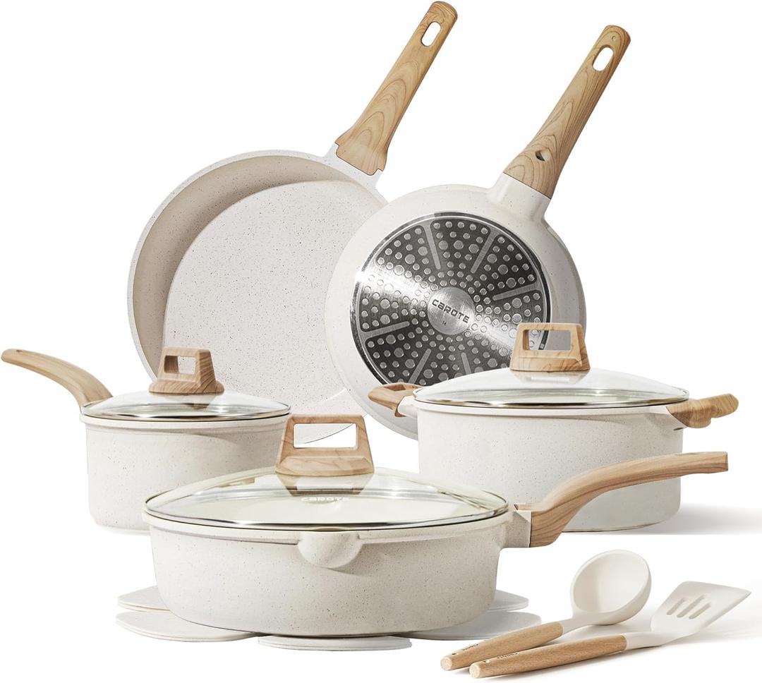 CAROTE 14 Pcs Pots and Pans Set Nonstick,Cookware Set Kitchen Cooking Set with Utensil and Pan Protectors (14 Piece, Cream White)