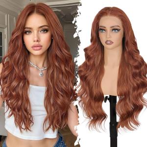 Lativ Auburn Synthetic Lace Front Wig,13x4 HD Lace Ginger Long Wavy Curly Glueless Wig for Women Daily Use 26 Inch