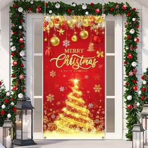 2 x Christmas Door Cover, Red Christmas Door Banner Merry Christmas and Happy New Year Front Door Christmas Tree Backdrop for Winter Holiday Xmas New Year Decorations,70.8 X 35.4 Inch