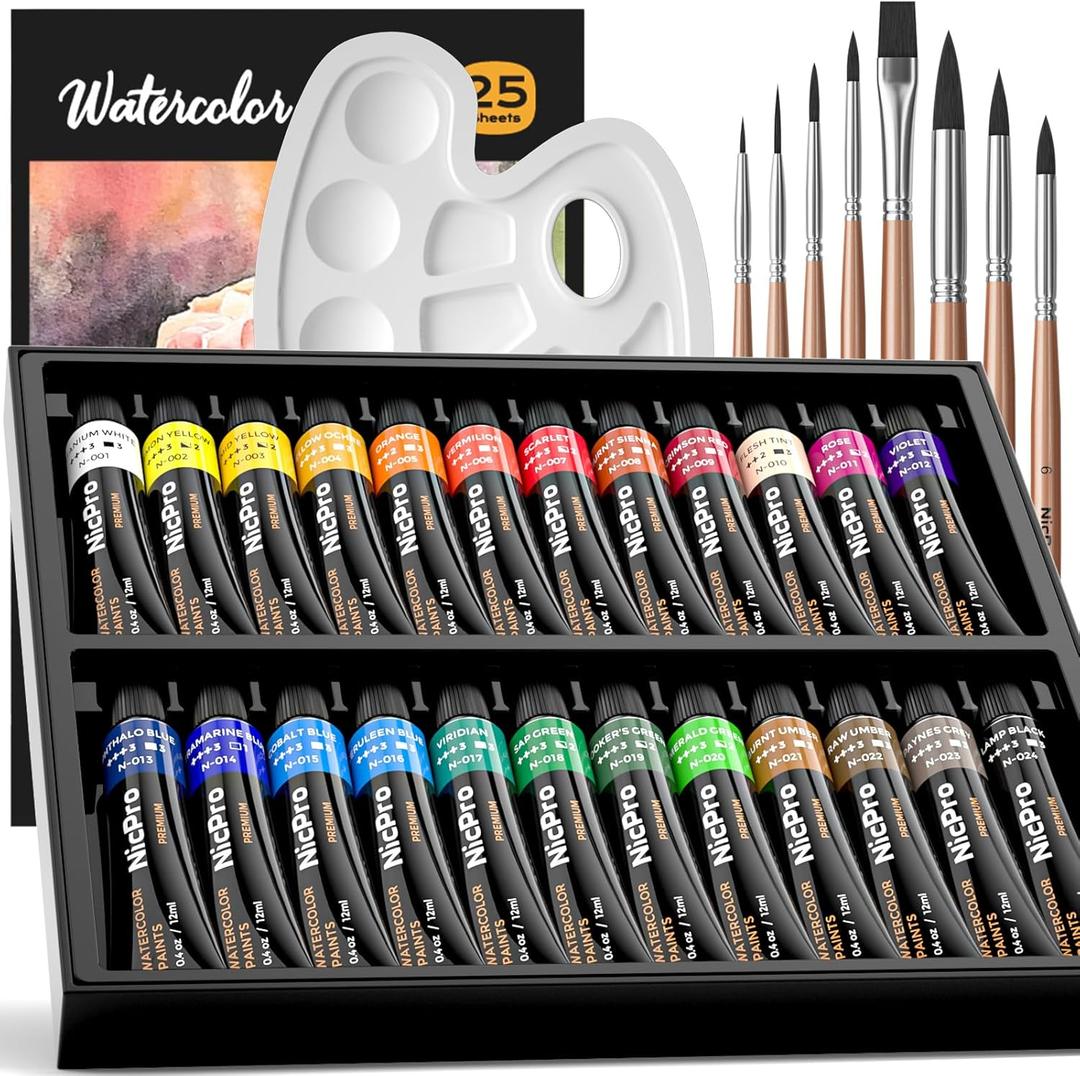 Nicpro Watercolor Paint Set for Adults, Beginner & Artists, 24 Tubes Water Color Paint Set with 25 Watercolor Paper, 8 Squirrel Paint Brushes, Palettes, Color Wheel, Art Painting Supplies