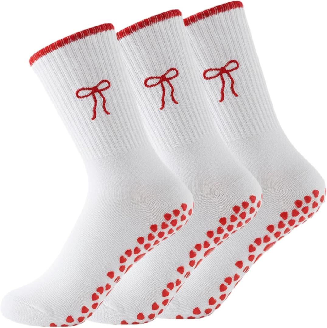 3 Pairs Cute Pilates Socks with Grips for Women Non Slip Yoga Socks Grippy Crew Socks Embroidery Pattern for Workout Ballet (White)