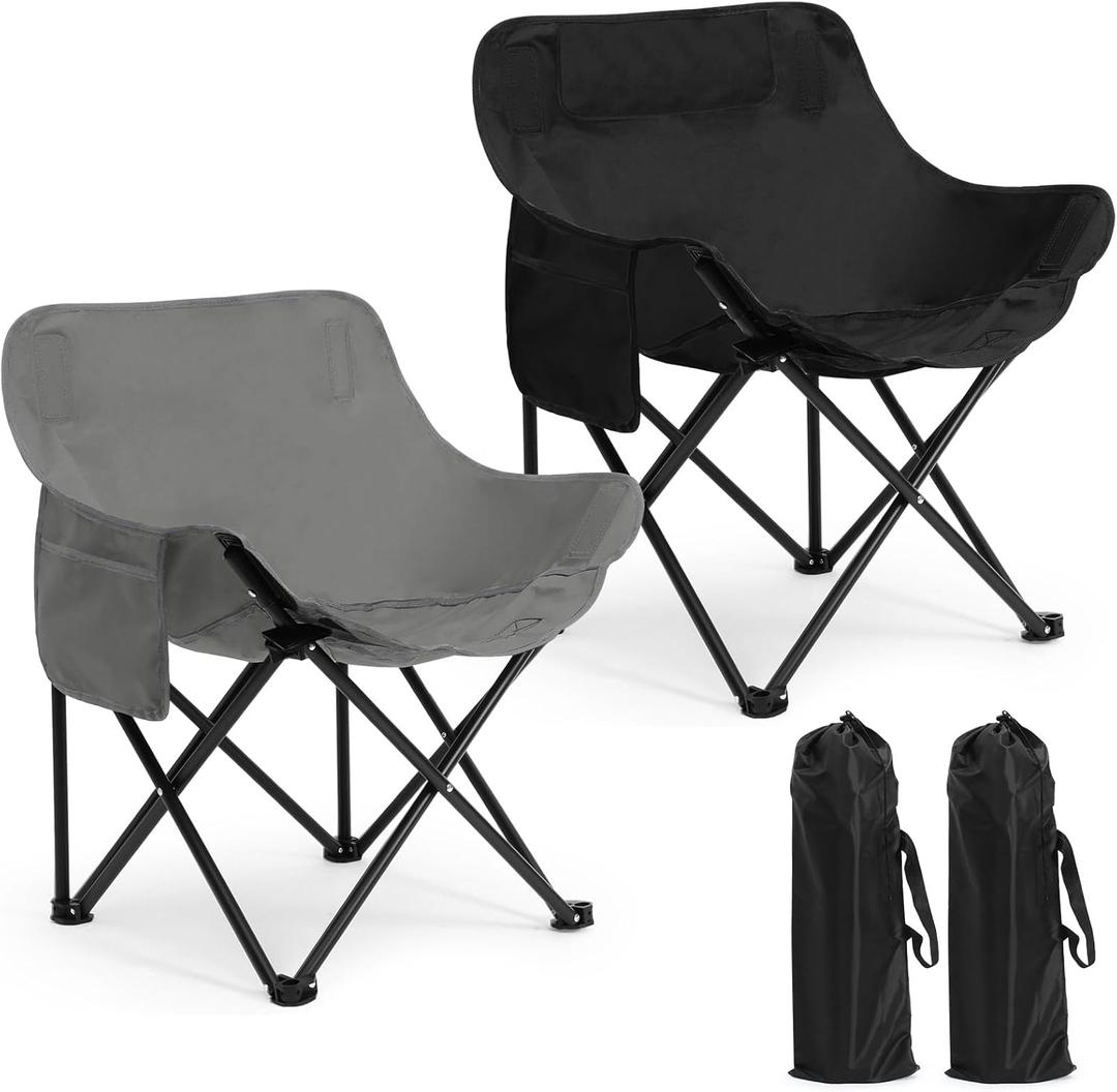 2 Pack Compact Camping Chairs Portable Folding for Outside with Carry Bag Lightweight Moon Chairs for Travel Picnic Hiking Beach Fishing, 600D Oxford, Supports 330lbs(Grey, Black)