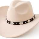 Lanzom Women Men Felt Wide Brim Western Cowboy Hats Belt Buckle Panama Hat (Small-Medium, Beige)