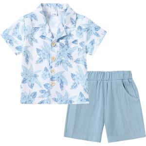 YALLET Toddler Boy Clothes Summer Outfits Short Sleeve Button Down Shirt+Shorts Baby Boy Beach Casual Clothe 1-10 Years (18-24 Months, Blue Prints)