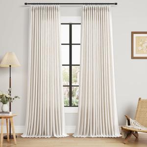 Joywell 90 Inch Pinch Pleat Linen Curtains Floor Length 2 Panels for Living Room Bedroom Thick Cream Modern Farmhouse Pleated Semi Sheer Light Filtering Back Tab Drapes with Clip Rings Hooks, Natural
