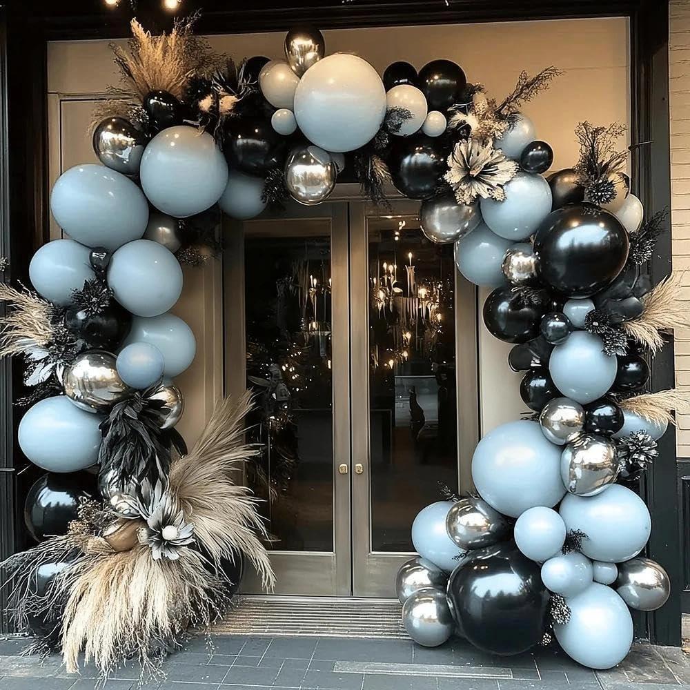 Blue Black Balloon Garland Double Stuffed Dusty Blue White Balloons Black Silver Balloon Arch for Birthday Wedding Graduation Baby Shower Anniversary Party Decorations, Blue/Black/Silver