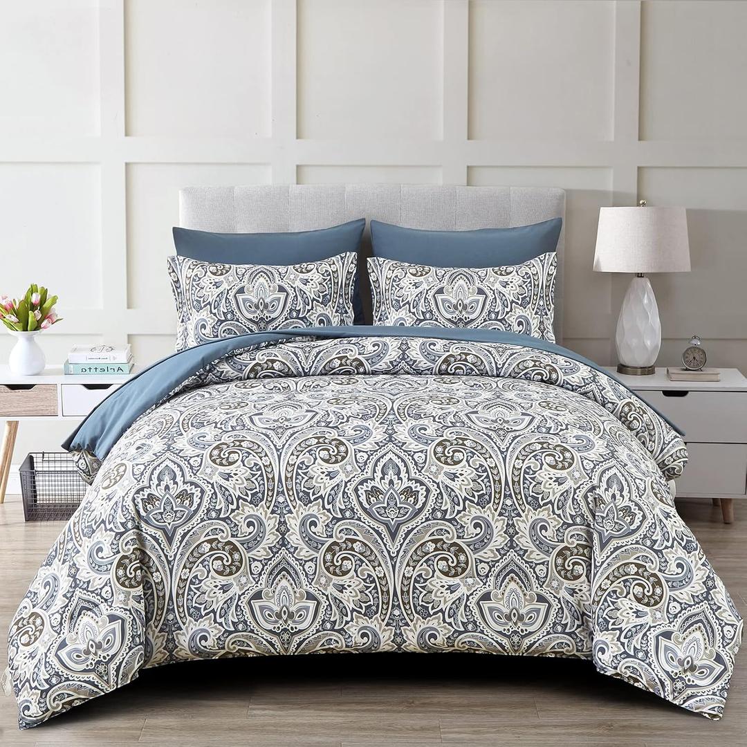 Drucon Blue Paisley Comforter Set Full,7 Pieces Bed in a Bag Comforter Boho Paisley Pattern Bedding Set Soft Microfiber(1 Comforter,1 Flat Sheet, 1 Fitted Sheet,2 Pillowcases, 2 Pillow Shams)