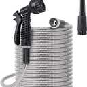 FOXEASE Metal water Hose 25 ft - Stainless Steel Water Hose with 2 Nozzles, Lightweight, Tangle Free & Kink Free, Heavy Duty, High Pressure, Flexible, Dog Proof