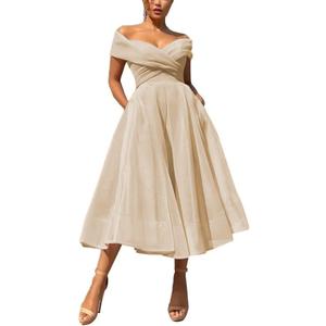 Womens Tea Length Prom Dress with Pockets Wedding Guest Dress Off The Shoulder Formal Evening Party Gown (Champagne) 8