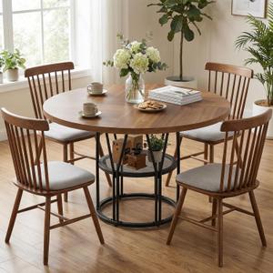 Garvee Round Dinning Table for 4-6 - 47" Circle Dinner Table with Storage Shelf & Sturdy Metal Frame, Modern Breakfast Tea Tray for Kitchen, Living Room, Apartment, Office, Brown