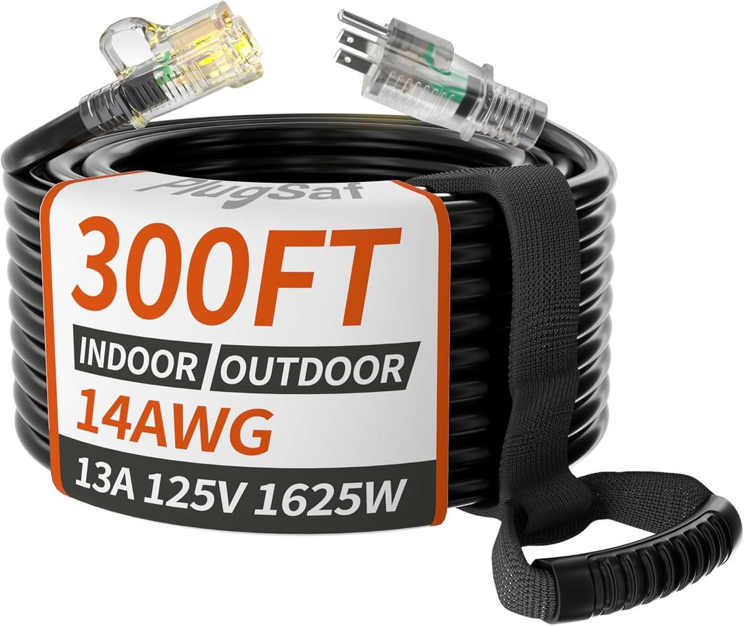 14/3 Gauge Black Outdoor Extension Cord 300 ft Waterproof with Lighted Indicator, Cold Weatherproof -40C, Flexible 3 Prong Long Extension Cord Outside,13A 1625W 14AWG SJTW, ETL Listed