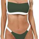 WODECASA Women's Colorblock Bikini Set Square Neck High Cut Cheeky Sexy Two Piece Swimsuit Bathing Suit (Large, 151 Army Green)