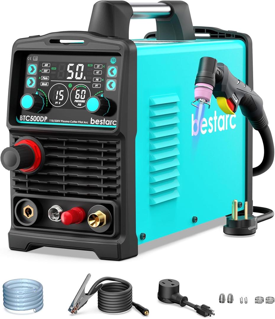 Plasma Cutter, [Pilot Arc][Large LED Display][Air Sensor] 50Amps Plasma Cutter Machine 110/220V Dual Voltage, 1/2 Inch Clean Cut 4/5 Inch Max Cut, Post Flow Mesh Cut, 2T/4T for Beginners DIY