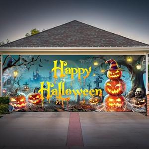 Halloween Garage Door Cover 6.6 x 16.4 ft Scary Garage Door Banner Horror Hanging Backdrop for Halloween Party Background Supplies(Pumpkin)
