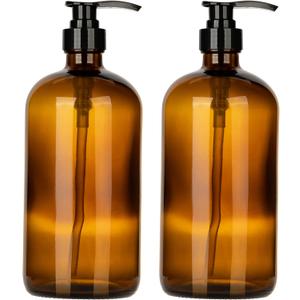 32 Ounce Glass Pump Dispenser Bottle, Large Amber Container with Pump for Shower and Bath Shampoo Soap Conditioner Lotion - 1 Liter Shower Bottles - by Kitchentoolz