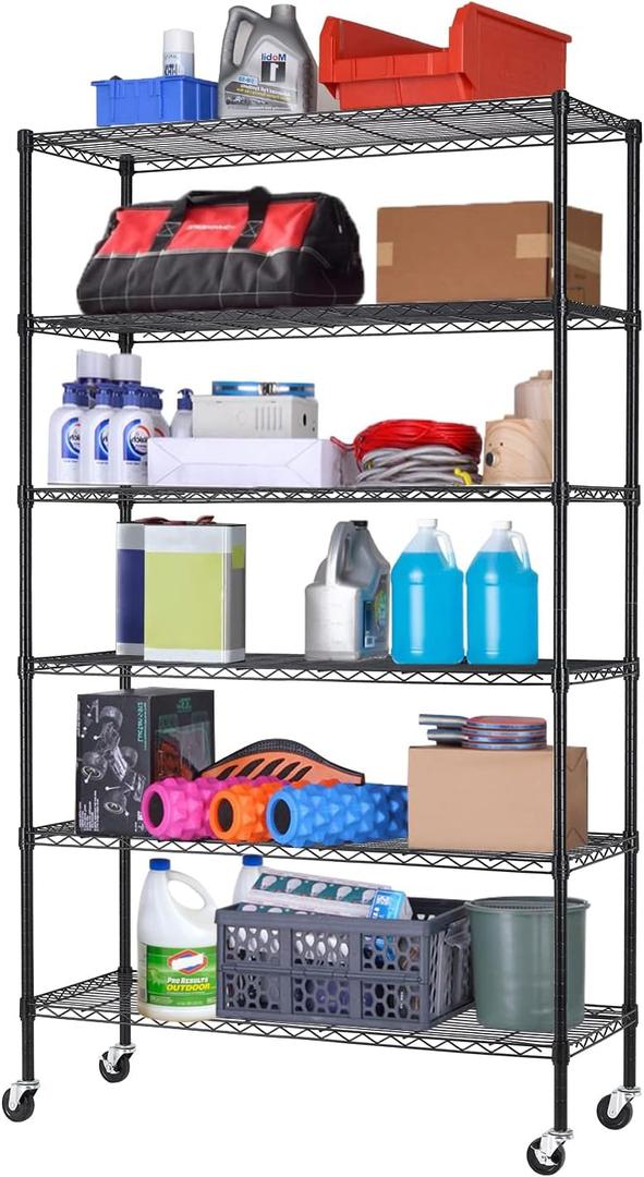 Storage Shelves 2100Lbs Capacity, 6-Shelf on Casters 48" L18" W82" H Commercial Wire Shelving Unit Adjustable Layer Metal Rack Strong Steel for Restaurant Garage Pantry Kitchen,Black