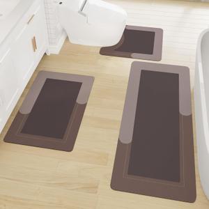 Bath Mat Rug Sets, Bathroom Mat with Toilet Mats U-Shaped Non-Slip Water Absorbent Rubber Bathroom Mats for Tub, Shower and Bathroom 20"x32"+20"x47"+20"x24", Khaki, 3 Pieces