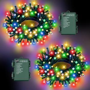 Christmas Lights Outdoor Battery Operated String Lights Total 100LED 33Ft with Timer 8 Modes 16.4Ft*2 Waterproof Outdoor Indoor for Christmas Decor, Multicolor, 2-Pack
