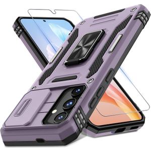 DEERLAMN Case for Samsung Galaxy S24+ Plus with Slide Camera Cover+Screen Protector (1 Pack), Rotated Ring Kickstand Military Grade Shockproof Protective Cover-Deep Purple (S24 Plus-6.7 Inch)