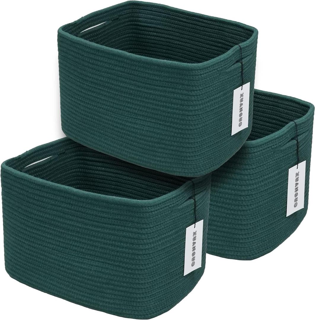 Cotton Rope storage Basket Bins14.5X9.5X9.3 Basket for Organizing Shelves Rectangle Decorative Baskets For storage Clothes Toys Books Towels Square Wicker Nursery basket organizer 3 pack Dark green