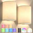 Battery Operated Wall Sconce Set of Two: 10000mAh Wireless Wall Light with Rechargeable Magnetic Bulb - Dimmable Wall Lamp with 7 RGB Colors - Linen Shade Sconces with Remote for Bedroom Living Room (Cream)