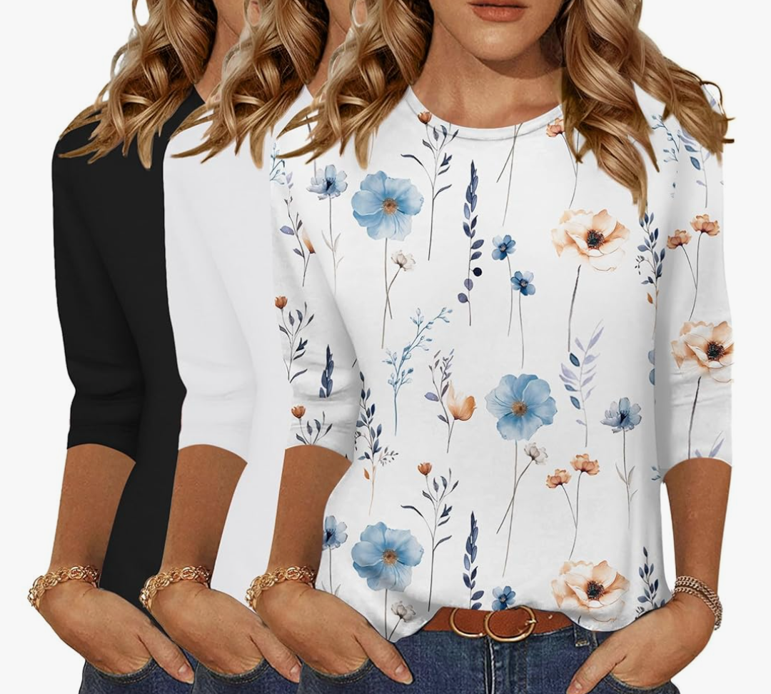 Zeagoo Tops for Women 3 Pack 3/4 Sleeve Crewneck Cute Basics Tees Casual Fashion Summer T Shirts Business Work Tee Top (Large)