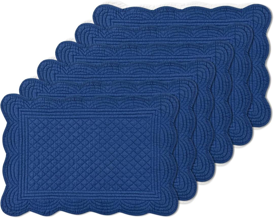 6 PC Quilted Placemats, 18"X13"Extra Large Cotton Placemats Set of 6, 100% Cotton Fabric Washable Cloth Table Mats for Kitchen & Dining Table - Soft &Easy Clean(Sapphire Blue, Rectangular)