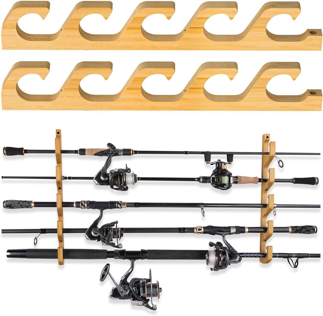 RayYunTustone Horizontal Fishing Rod/Pole Holders for Garage, Wall or Ceiling Mounted Rack, Solid Wood Fishing Rod Holder Holds up to 5 Rods or Combos Fishing Gear, Gifts for Men