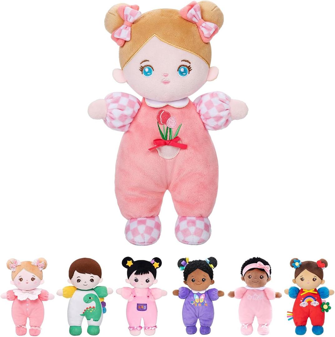 OUOZZZ Soft Baby Doll for Ages 3 and UP - Toys for Ages 3 and UP Birthday Christmas Plush Gift for Toddler Adorable First Doll Tulip Pink 10"