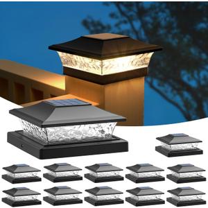 APONUO Solar Post Cap Lights 12 Pack for 4x4 5x5 6x6 Wood & Vinyl Fences - IP65 Waterproof, All-Night Auto On/Off, Warm/Cool White Light, Outdoor Deck Patio Garden (Black)