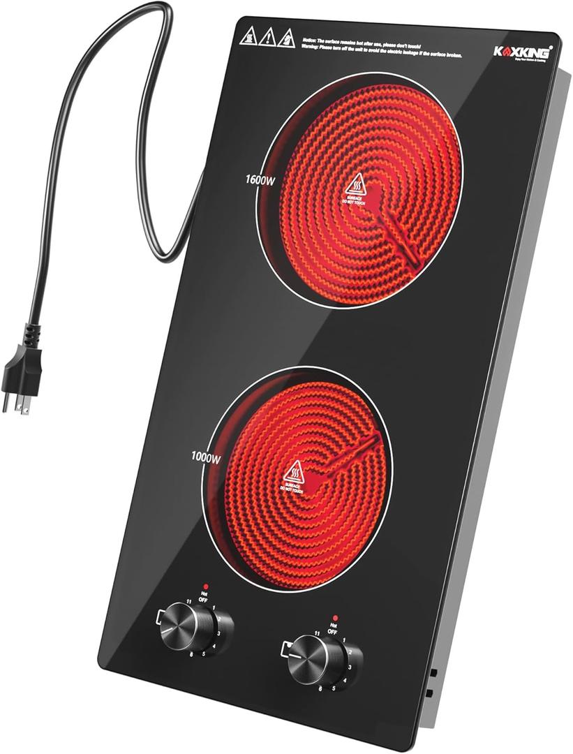 12 Inch 2 Burner Electric Cooktop, 1600W Ceramic Electric Stove Top, 110-120V Plug-in Radiant Countertop & Built-in Cooktop, 11 Heat Levels, Knob Control, Residual Heat Indicator