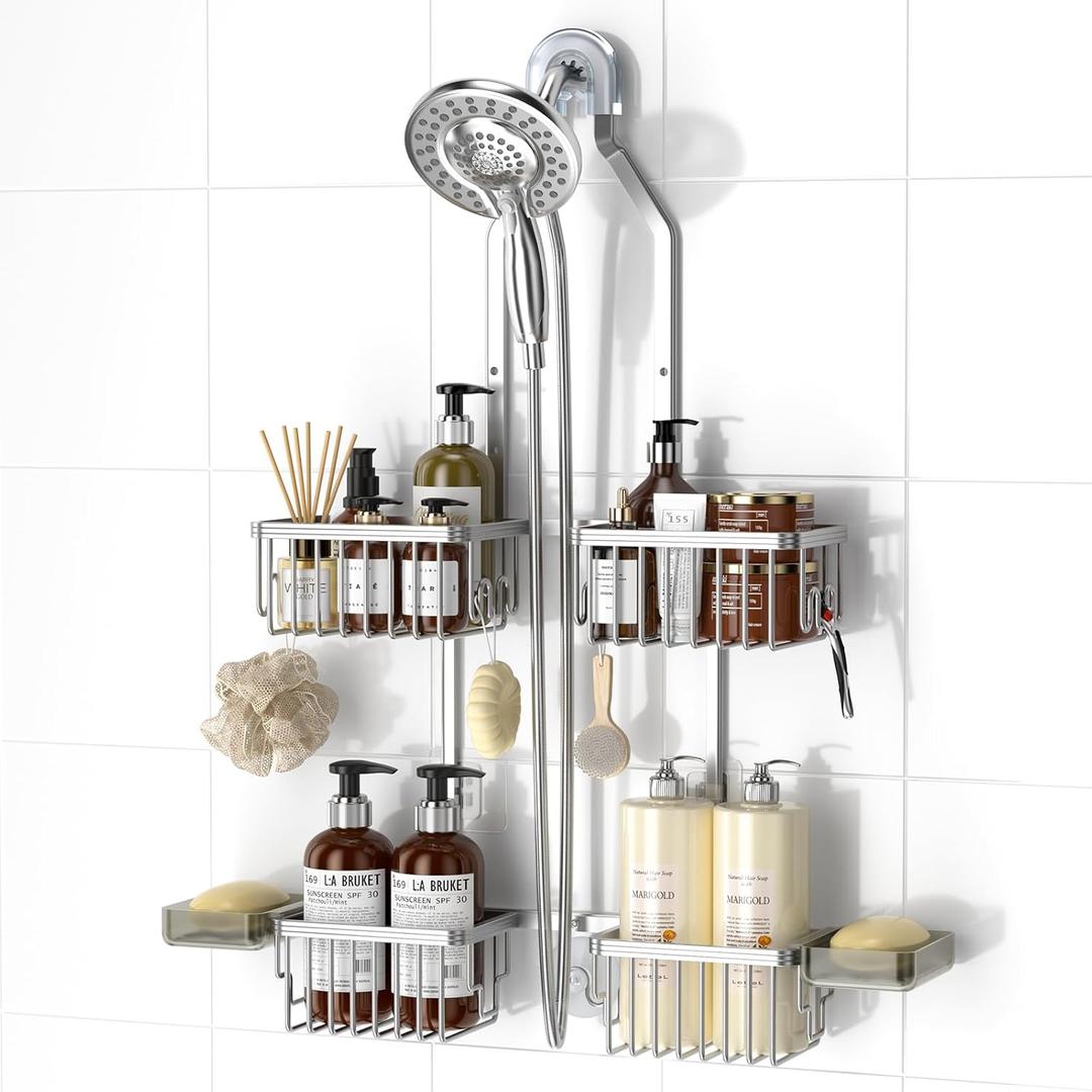REINHARDT Aluminum Shower Caddy Hanging Adjustable Shower Caddy, Rustproof Hanging Shower Organizer with Hooks Soap Holders, Over Shower Head Caddy for Handheld Showerhead, Silver (22.4''-26.4'')