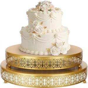 Wenqik 2 Pack Cake Stand Set, 14/16 Inch Metal Round Cupcake Dessert Stand Decorative Elegant Cake Display for Weddings Party Birthday Baby Showers Anniversary(Ornate Floral,Gold)