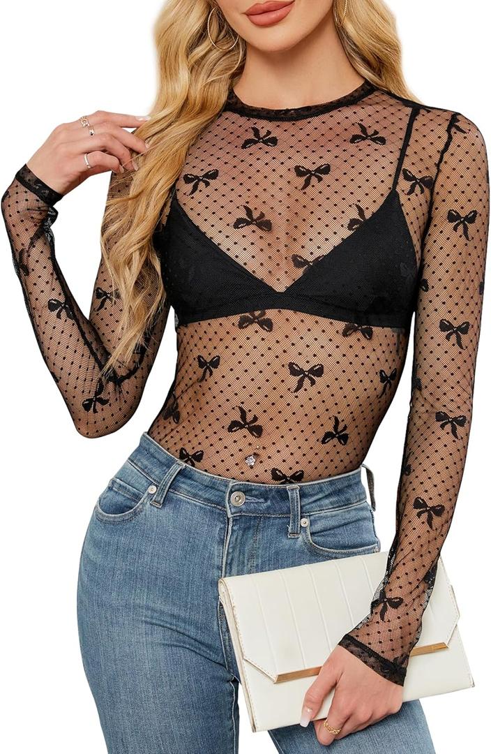 Lace Undershirt for Women Mesh Long Sleeve Floral Crochet Tops Sheer Layering Blouse Western Cowgirl Concert Outfits (Medium, Black Bow)