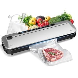 Vacuum Sealer Machine 75KPa Food with 6-in-1 Dry/ Moist Modes & Digital Timer, Compact Lightweight Design, Built-in Cutter + 10 Bags (Black Silver)