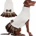 KYEESE Dog Sweaters Dress with Leash Hole with Bowtie Turtleneck Red Dog Knitwear Plaid Pattern Warm Pet Sweater for Medium Dogs White,(XX-Large (Pack of 1)