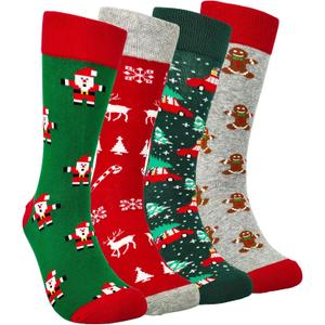 HSELL Mens Fun Patterned Dress Socks Funny Novelty Crazy Design Cotton Socks Gift for Men (One Size, 4 Pairs - Christmas)