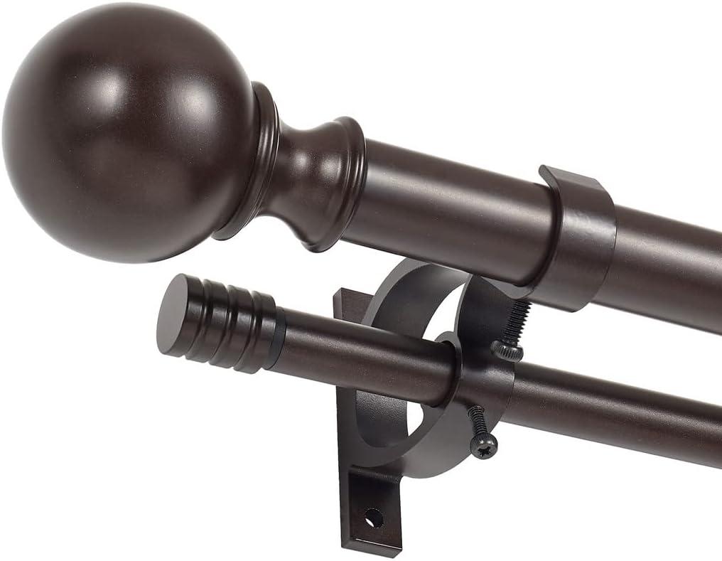 Double Curtain Rods for Windows 36-72 Inches, Adjustable Double Drapery Rods, Decorative Window Curtain Rod with Round & Barrel Finials, 1-Inch Front and 5/8 Inch Back Double Window Curtain Rod Bronze