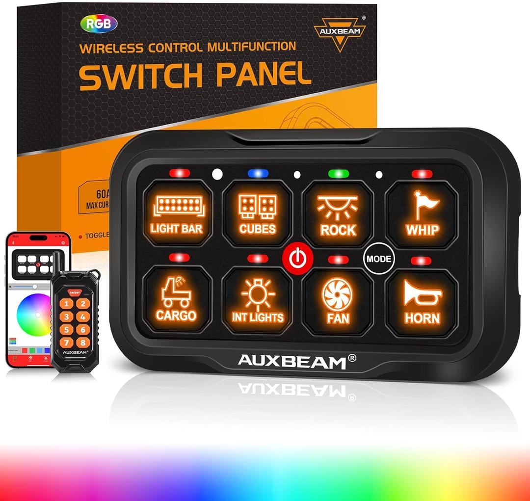 Auxbeam 8 Gang Switch Panel AC-800 Bluetooth RGB Switch Pod with Remote Control Backlit Off Toggle Momentary Pulsed 165FT Wireless Auxiliary Switch Panel for Truck Offroad Waterproof (Missing Labels )