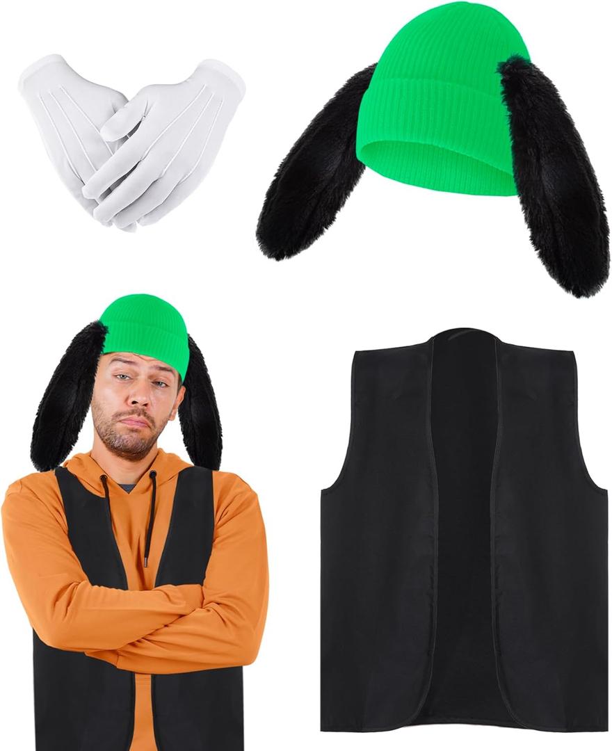 4 Pcs Halloween Dog Cartoon Character Costume Adults Green Hat Black Ears Glove and Vest for Halloween Cosplay Party, One Size