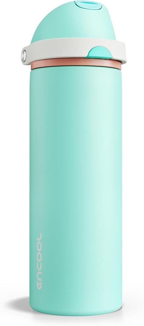 Insulated Water Bottle with Straw - Encool Stainless Steel Water Bottle with Push Button Lid, Leak-Proof & BPA-Free, Keeps Cold for 24 Hours for Sports, Travel, Gym (24 oz, Turquoise)