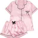 MakeMeChic Women's 2 Piece Pajama Set Graphic Short Sleeve Button Down Shirt and Shorts Set Sleepwear (Pink, L)