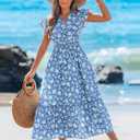 Women's Summer Floral Midi Dress Smocked Waist V Neck Ruffle Sleeve Boho Tiered Sundress Casual Beach Vacation Outfit (Blue, S)