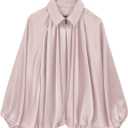 Women's Satin Puffed Bomber Jacket Oversized Batwing Sleeve Lapel Collar Pleated Zip Up Outerwear Shirts, Large
