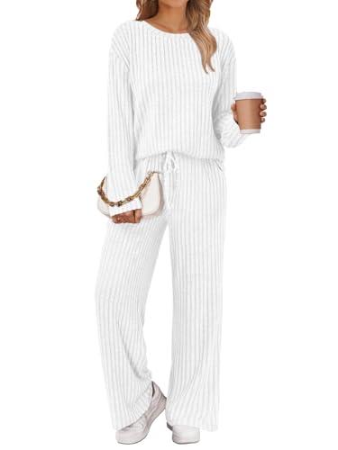 LILLUSORY Womens Lounge Sets 2 Piece Matching Pajamas Fall Fashion 2026 Ribbed Knit Outfits Long Sleeve Casual Sweatsuits Trendy Plus Size Sweaters Cute Sleep Wears Travel Soft Clothes White S