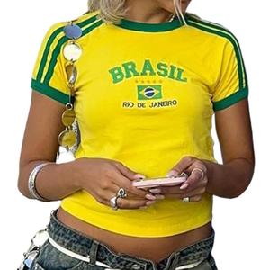 Vintage Graphic Baby Tees for Women Brazil Shirt Y2k Tops Baby Crop Tees 90s Summer Going Out Tops Streetwear Shirts (Small, Yellow)