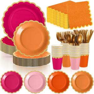 Mimorou 338 Pcs Pink and Orange Plates and Napkins Party Supplies for Guests Hot Pink Orange Tableware Include Scalloped Plates Paper Napkin Cup Spoon Fork Knife for Baby Shower, Wedding, Birthday