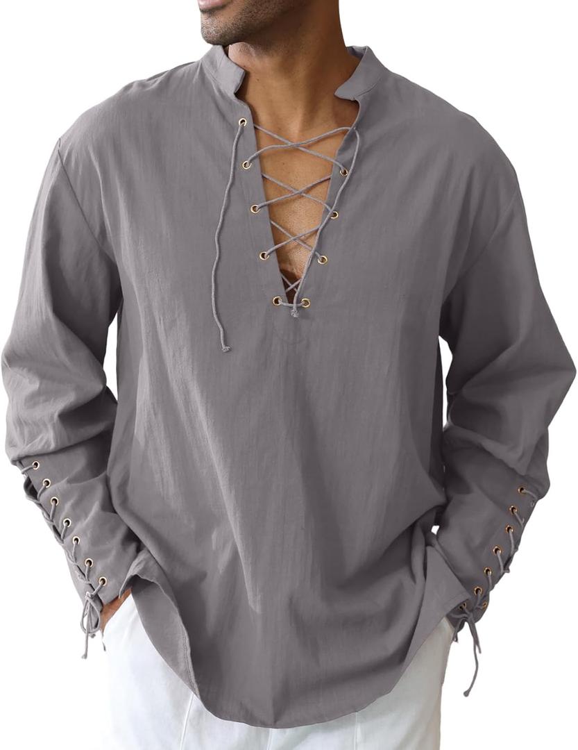 Men's Cotton Linen Shirt Drawstring Arm Banded Tops Medieval Viking Pirate Renaissance Halloween Costume (Medium, Gray)